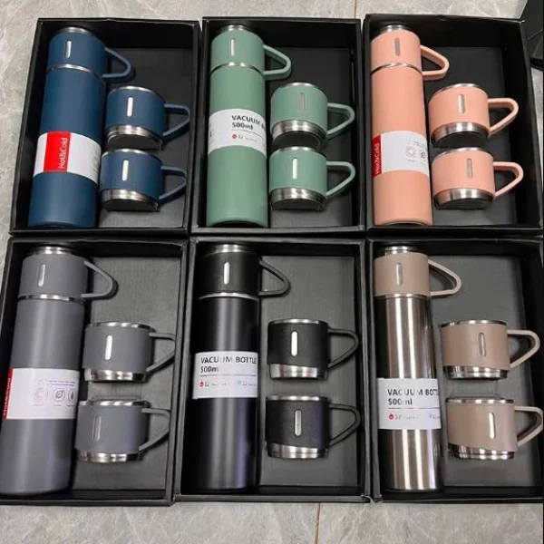 Vacuum Flask Bottle Set with 3 Matching Cups image Vacuum Bottle Set with Matching Cups