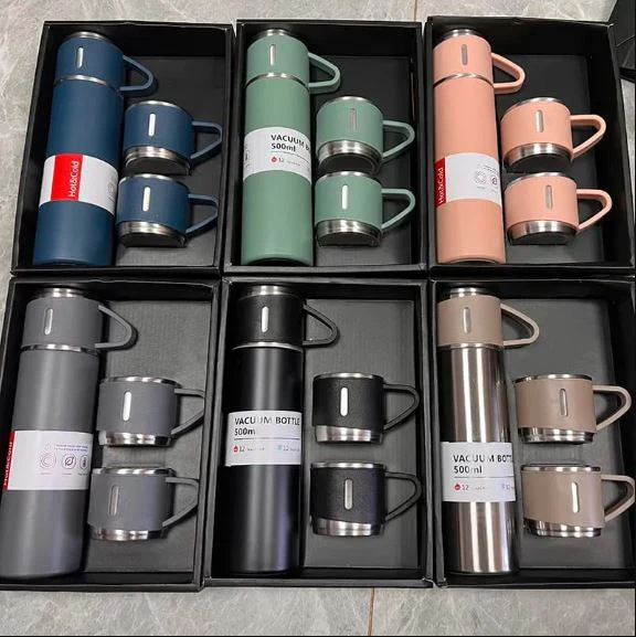 Vacuum Flask Bottle Set with 3 Matching Cups image